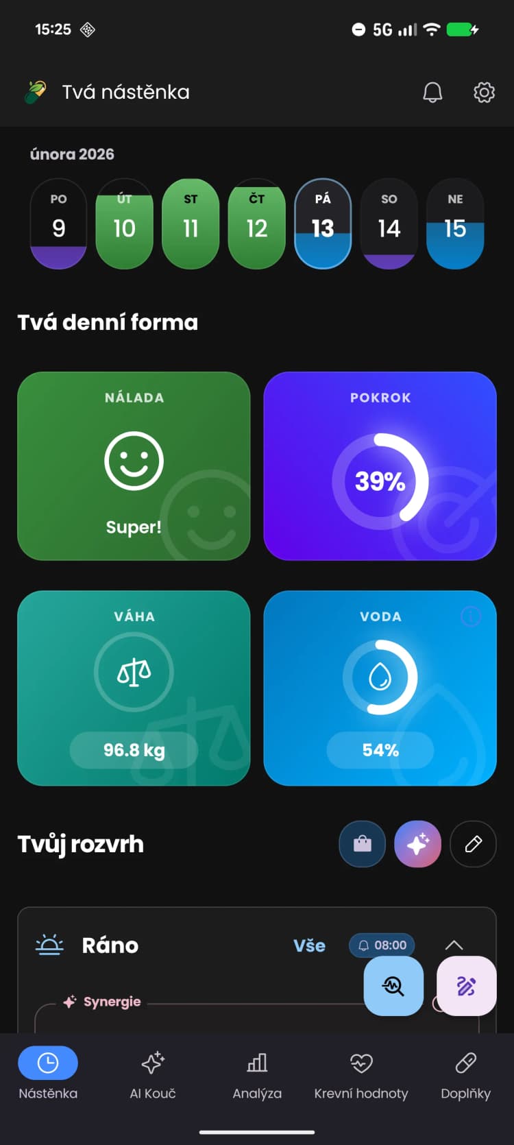 Náhled ovládacího panelu aplikace FitReelix Supplements
