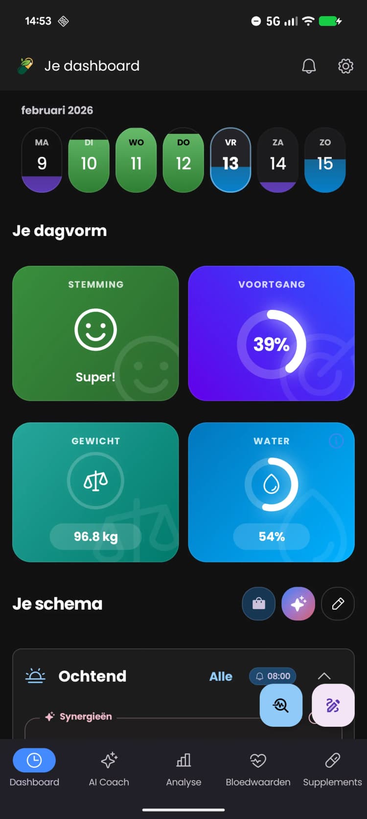 Voorbeeld van het FitReelix Supplements App Dashboard
