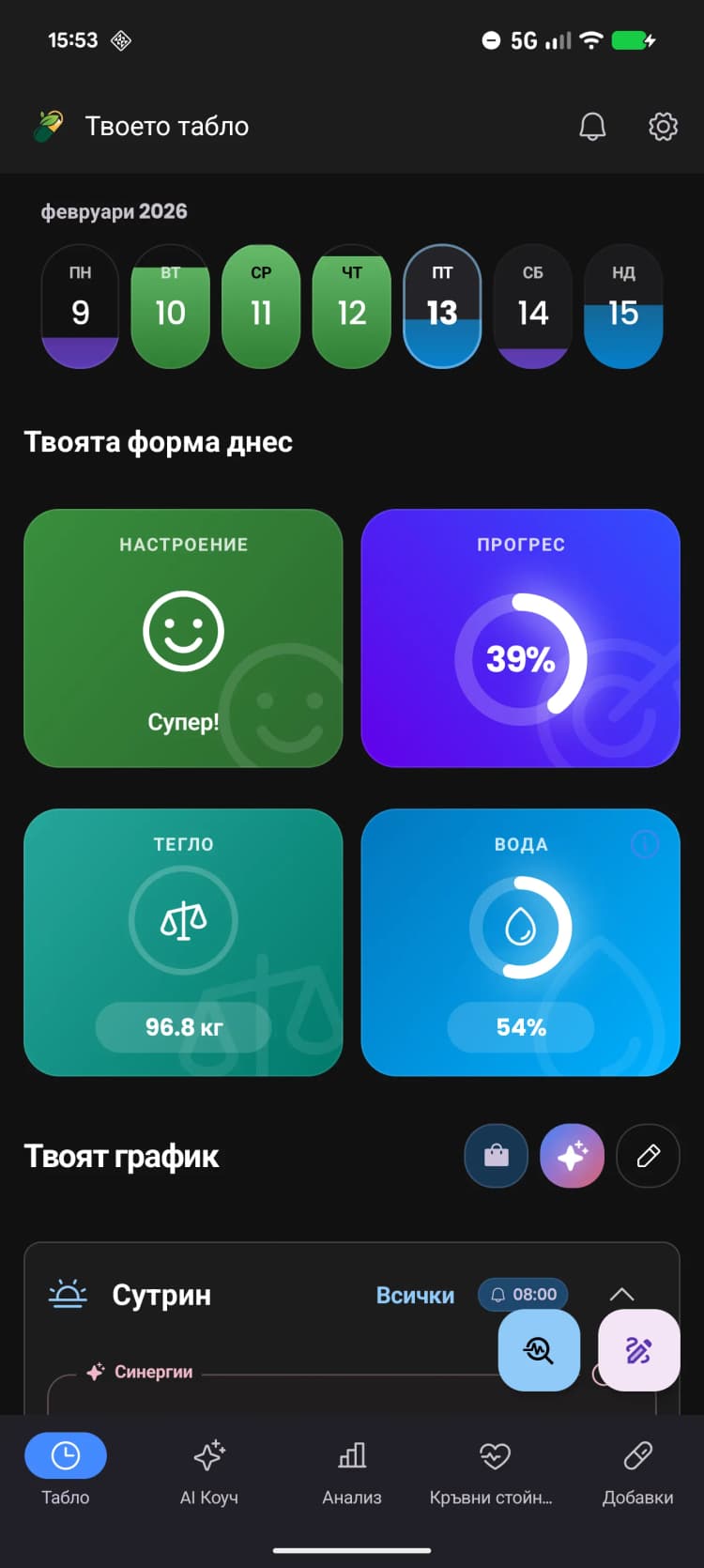 Преглед на таблото за управление на приложението FitReelix Supplements