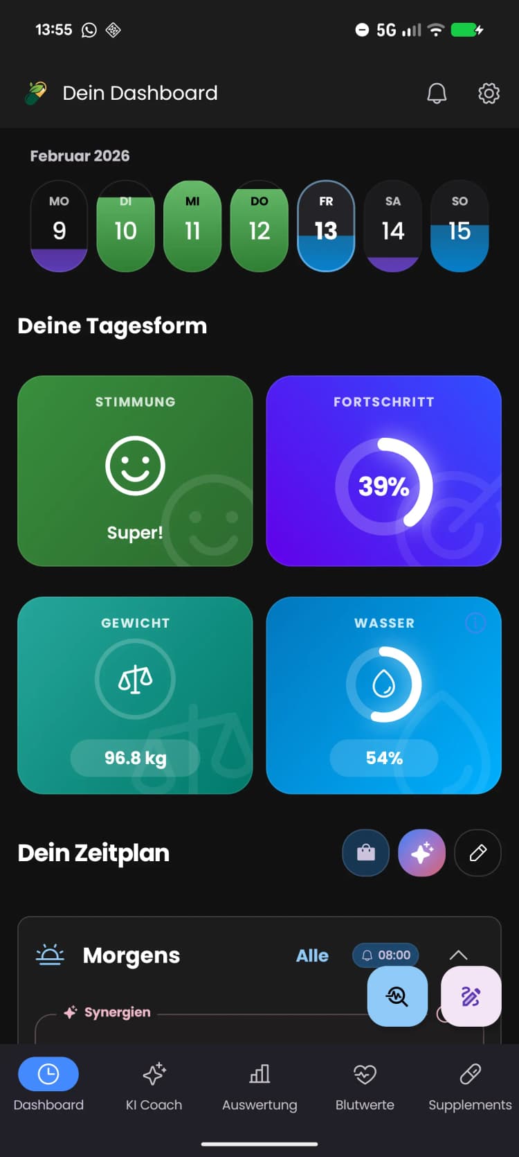 FitReelix Supplements App Dashboard Vorschau