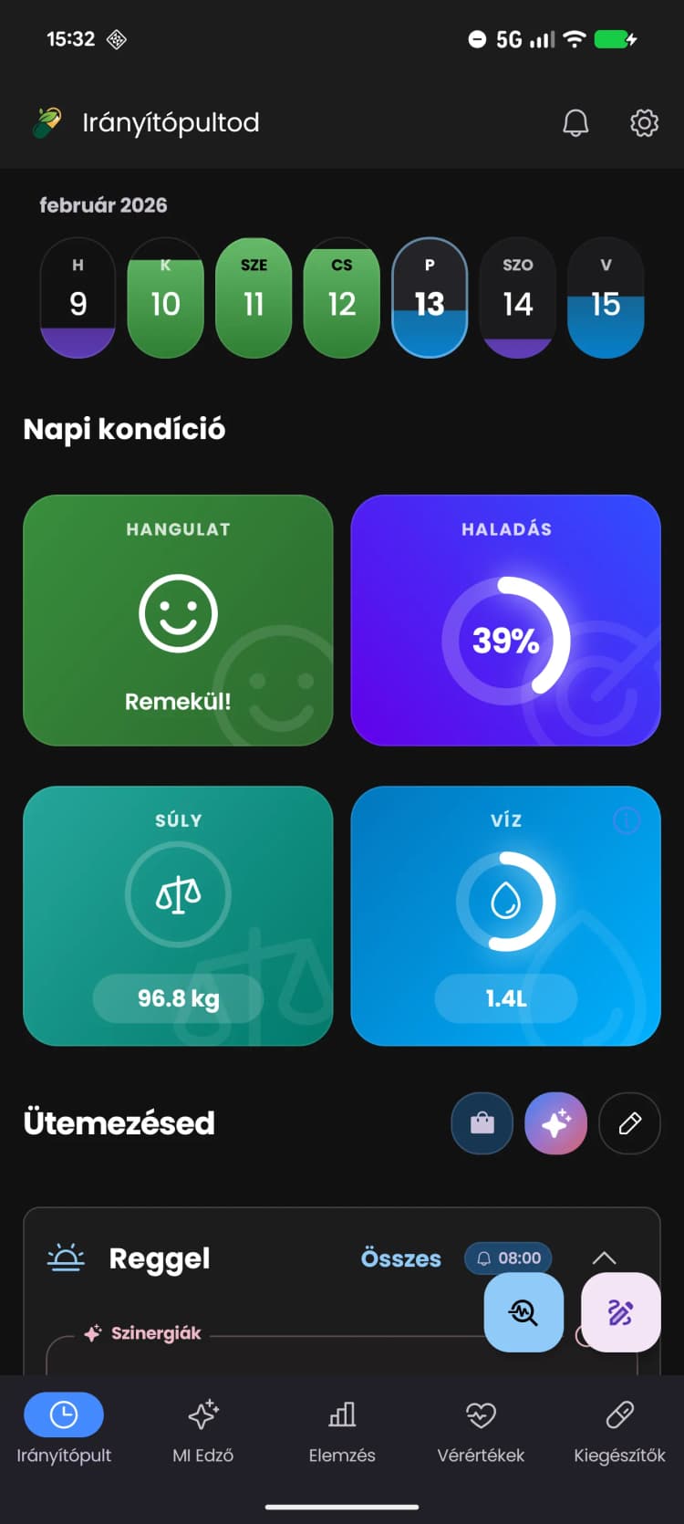 FitReelix Supplements App Irányítópult Előnézet